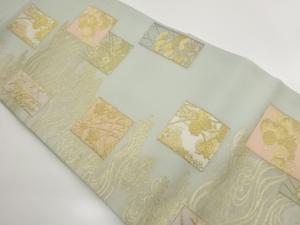絽色紙に草花・荒波模様織り出し名古屋帯